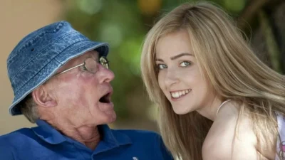 Beautiful teen sucks grandpa outdoors and she swallows it all